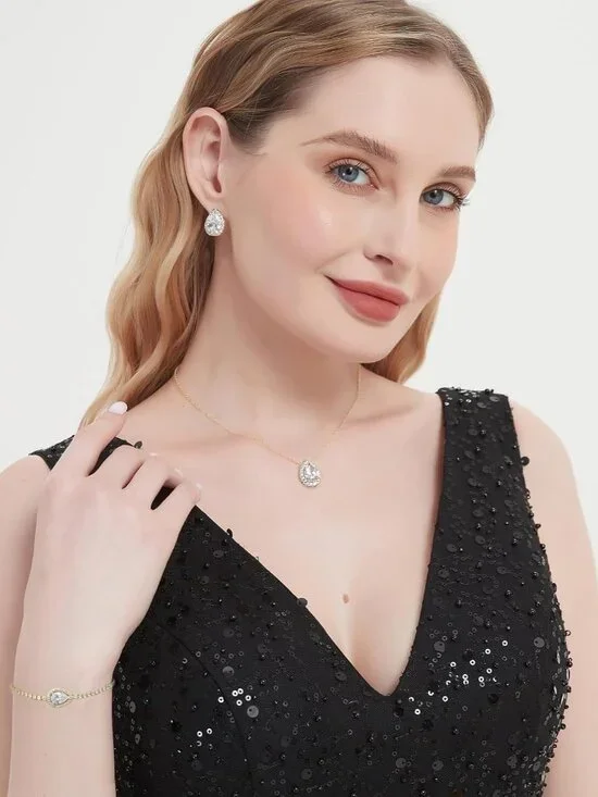 Cubic Zirconia Teardrop Earrings Necklace Bracelet Jewelry Set For Bride Bridesm - Picture 2 of 9